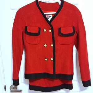 Vintage Biba Wool Suit Red Jacket and Skirt with Gold Buttons from early 199